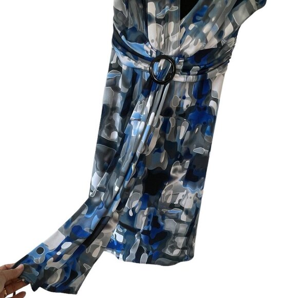 Kathy Roberts Wrap Midi Dress Blue Grey Black Abstract Geometric Cap Sleeve 10 - Picture 4 of 7